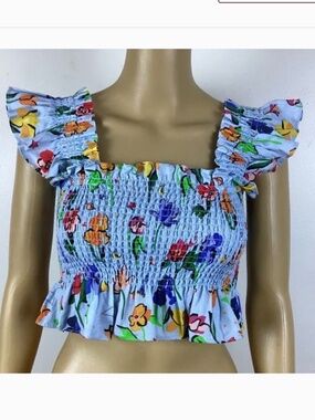 Hill House Paz Light Blue Space Floral Crop,Top XS